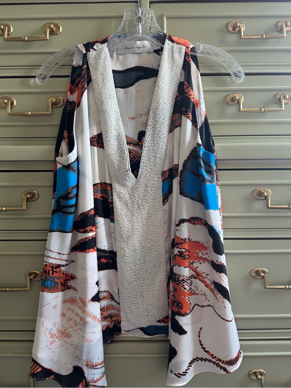 T-Bags Sleeveless Beaded V-Neck Tunic with Blue and Orange Abstract Print